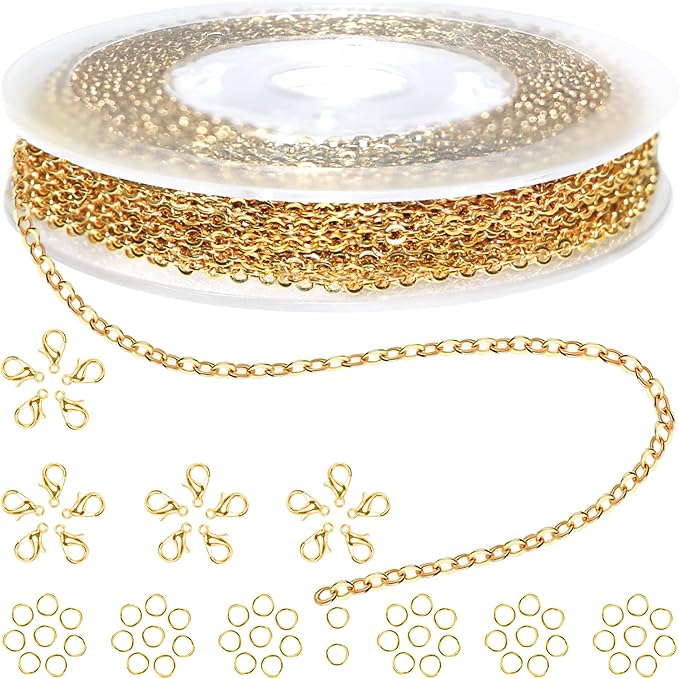 33ft Gold Chain for Jewelry Making Non-Tarnish 18K Gold Plated Stainless Steel by Jishi