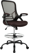 HYLONE Drafting Chair, Tall Office Chair Standing Desk Chair Brown Mesh High-Back Drafting Stool with Flip-Up Arms, Adjustable Foot Ring, Brown
