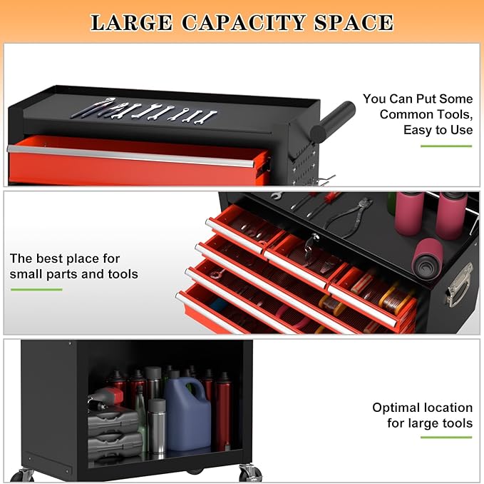 8-Drawer High Capacity Rolling Tool Chest, Removable Cabinet Storage Tool Box with Wheels and Drawers, Detachable Toolbox with Lock for Workshop (Black&red)