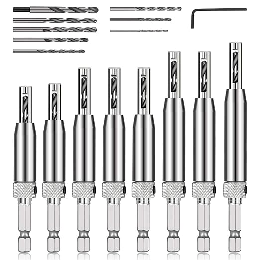 COMOWARE 17pcs VIX Bits Self Centering Drill Bit Set, 1/4" Hex Shank Self Centering Hinge Drill Bit Set for Woodworking Window Door Hinge, Quick Change with 1 Hex Key & 8 Drill Bits 5/64-1/4”