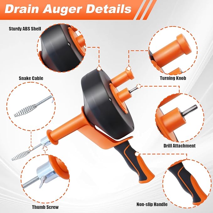 Drain Auger, 35FT Drain Snake with Drill Adapter, Plumbing Snake Clog Remover with Work Gloves, Manual or Powered Use for Kitchen