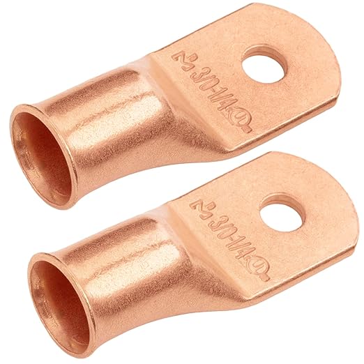 SELTERM 2pcs 3/0 AWG 1/4" Stud Copper Wire Lugs, Ring Terminals, Battery Cable Ends, 000 Gauge Ring Terminal Connectors, UL Heavy Duty Bare Copper Eyelets Battery Terminal Connectors