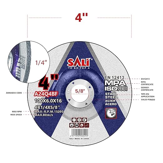 SALI 5 Pack 4 Inch Grinding Wheels for General Purpose Metal & Stainless Steel, Aluminum Oxide Grinding Disc for Angle Grinder, Depressed Center 4" * 1/4" * 5/8"(100 * 6.0 * 16 mm)