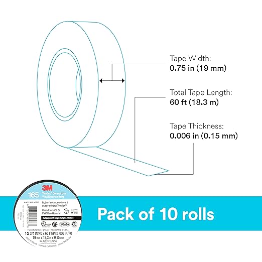 3M Temflex Multi-Purpose Vinyl Electrical Tape 165, Black, 3/4 in x 60 ft (19 mm x 18 m), 10 Roll Pack