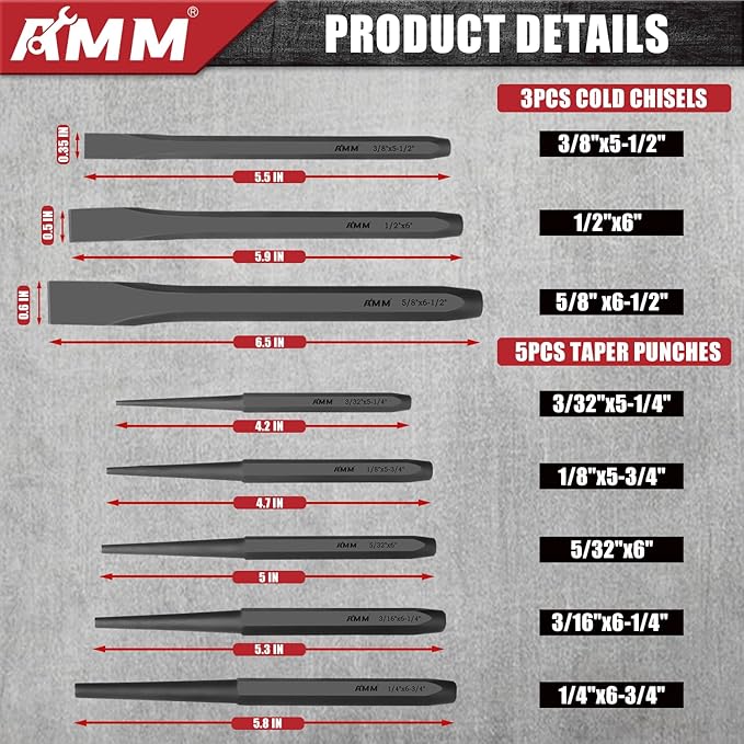 AMM 16PCS Punch and Chisel Set, including Taper Punch, Cold Chisels, Pin Punch and Center Punch, Cr-V for Working with Wood, Metal, Automotive