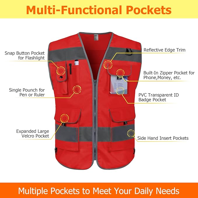 TCCFCCT Safety Vest for Men Women 9 Pockets High Visibility Reflective Vest for Safety, Work Vest with Reflective Strips, Meets ANSI/ISEA Standards, (Red, X-Large)
