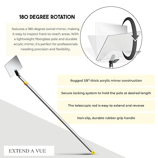 Inspection Mirror Telescoping Pole, Lightweight & Durable, 3 ft - 6 ft Pole, 3.5 x 6 inch Acrylic Mirror