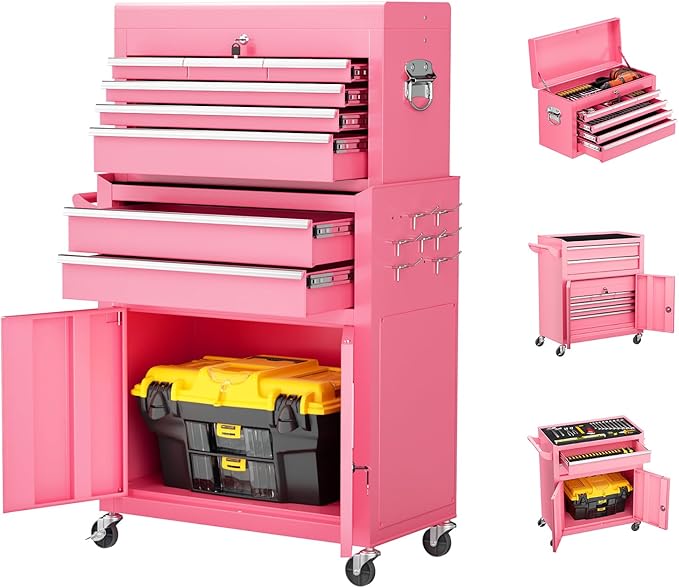 Crownland 8-Drawer Rolling Tool Chest with Wheels, Lockable 2 in 1 Detachable Tool Cabinet wit Drawers and Black Liners, Garage Top Toolbox & Bottom Storage Cart with Side Hooks(Pink)