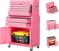 Crownland 8-Drawer Rolling Tool Chest with Wheels, Lockable 2 in 1 Detachable Tool Cabinet wit Drawers and Black Liners, Garage Top Toolbox & Bottom Storage Cart with Side Hooks(Pink)
