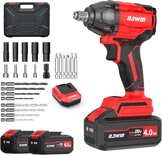 NAWIN Cordless Impact Wrench, 258Ft-lbs & 350Nm Power Impact Socket Set, 1/2 inch, Multi-Speed Adjustment, Led Light, 20V Impact Wrench with 2×4.0Ah Battery, Fast Charger