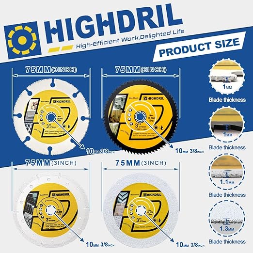 HIGHDRIL 3" 75mm Circular Saw Blade Set 4pcs - Diamond/HSS/Carbide Cutting Disc for Angle Grinder Cutting Metal Copper Aluminum Plastic Wood Glass