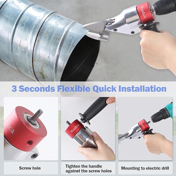 Professional Sheet Metal Cutter Drill Attachment, Heavy Duty Metal Shear Attachment with 360° Pivoting Handle, Power Tool Accessory for Curved & Straight Cutting on Steel, Aluminum & Iron- R