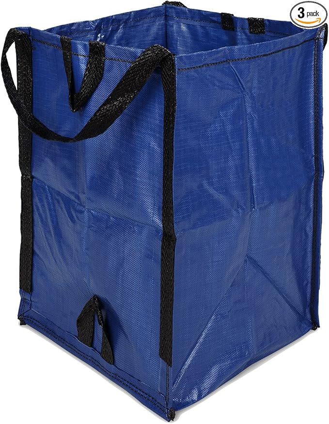 DURASACK Heavy Duty Home and Yard Bags 48-Gallon Reusable Self-Standing Lawn and Leaf Bags Garbage Can with Reinforced Handles, Blue, 3 Pack