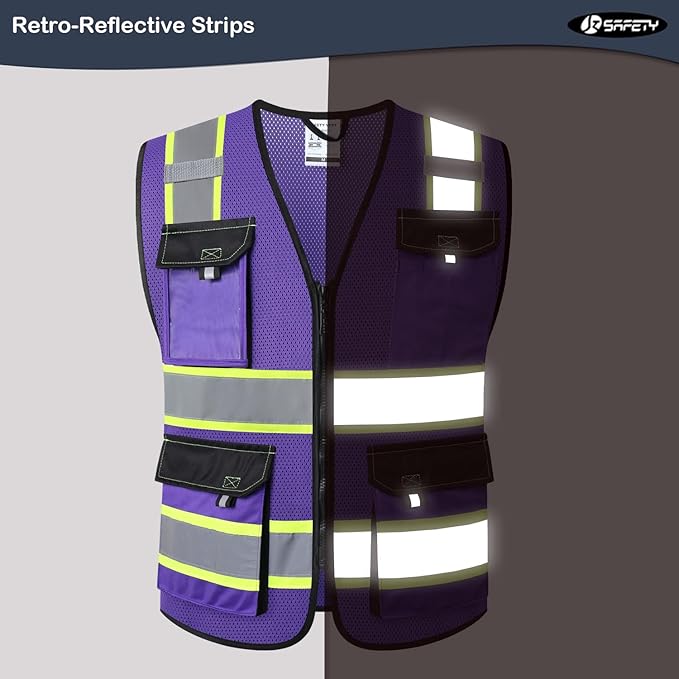 JKSafety Hi Vis Reflective Safety Vests for Men Women High Visibility Vest with Pockets Mesh Fabric Construction Safety Apparel Neon Vest for Work (220-PurpleB L)
