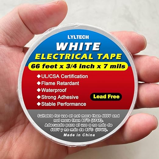 White Electrical Tape, 66 feet x 3/4 inch x 7 mils-600V,Pass UL/CSA Certification. Waterproof,Flame Retardant,Strong Adhesive, 14℉ to 176℉(White)