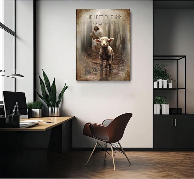 Framed Jesus Saves the Lost Lambs Canvas Wall Art Jesus Leaves 99 Sheep Picture - Image 5