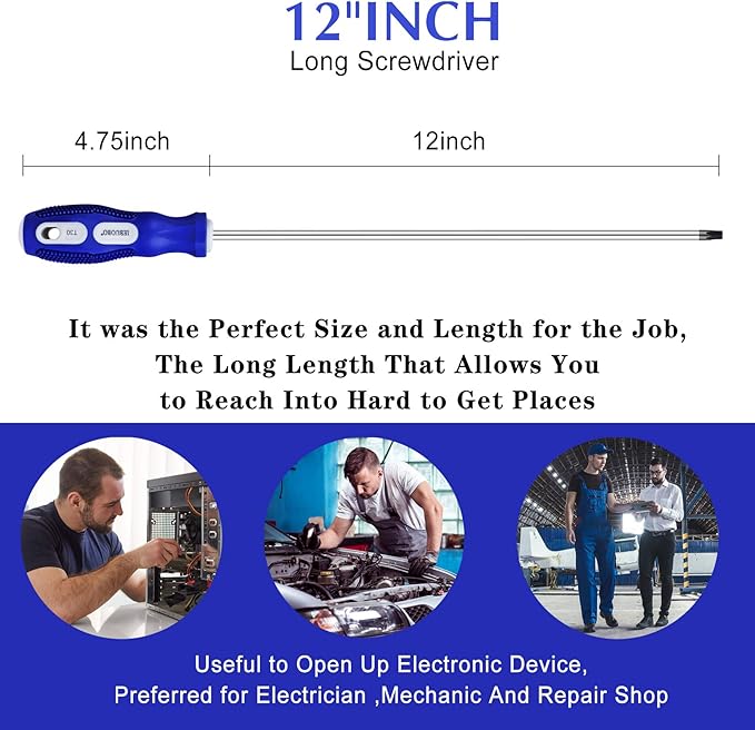 8-Piece Extra Long Torx and Slotted Phillips Screwdriver Set, length 12-inch T10-T30, plus Long star Screwdrivers, PH2 12" Long Cross-head & Flat Blade Screwdriver