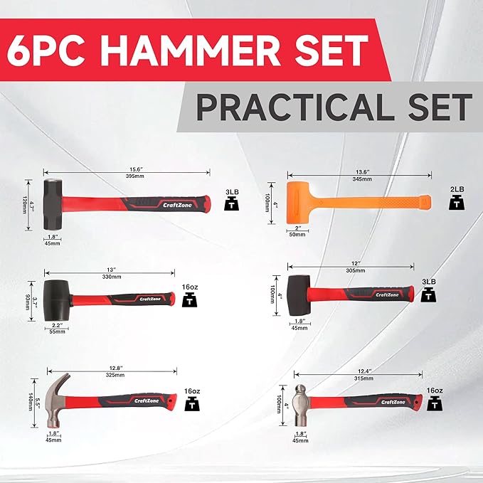 6-Piece Rubber Mallet Hammer Set with 2lb Dead Blow - 3lb Sledge & Stoning - 16oz Ball Pein Claw Hammers | Anti-Vibration Fiberglass Handles for Construction Metalworking Automotive & DIY Projects