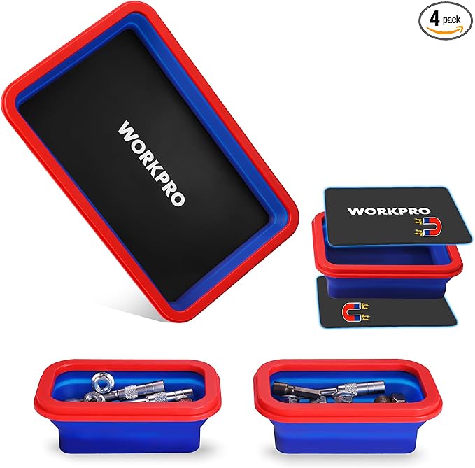 WORKPRO 4PC Collapsible Magnetic Parts Tray Set, Double-Sided Magnet Bowl for Screws, Nuts, Pins, Foldable Bolt Tray for Garage, Maintenance, Silicone Mechanic Tools Gift for Man, 11 Inch & 6.3 Inch