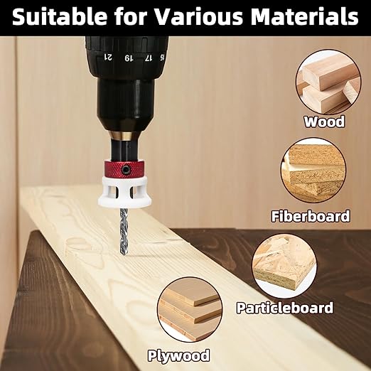 Countersink Drill Bit Set, Upgraded Larger Depth Stop, 5 PCS Replaceable HSS M2 Tapered Head, a Screwdriver Bit and a Wrench, 1/4" Hex Shank Counter Sink Drill Bit for Wood