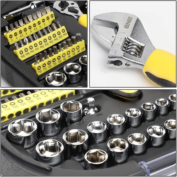 DNA MOTORING 64pcs Mechanic's Auto & Home Repair Tool Box, Screwdriver Bit Tool Set, SAE and Metric Socket Wrench Set, Yellow/Black, TOOLS-00027