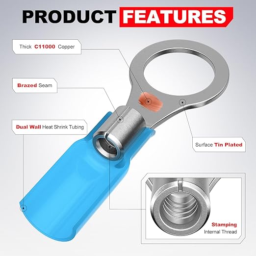 AIRIC 22-16 AWG - 5/16" Heat Shrink Ring Terminals, Copper Terminal Connector Ends,Battery Cable End Lugs,Red Insulated Electrical Crimp Wiring Connectors, Wire Lug for 22 20 18 16 Gauge Wires 100 PCS