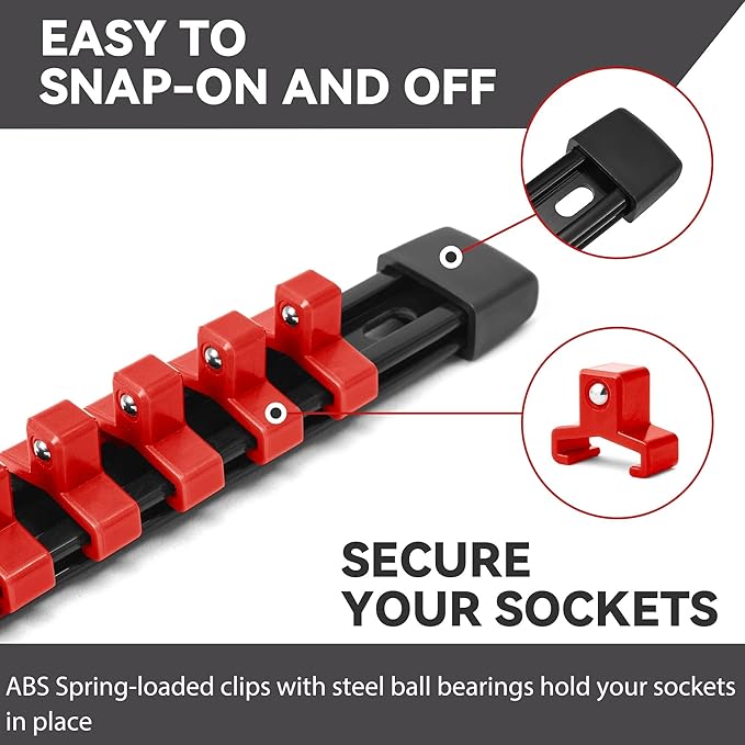 ALOANES 9 PC ABS Socket Organizer, 3/8 inch, Drive Socket Rail Holders, Heavy Duty Socket Racks, Black Rails with Red Clips