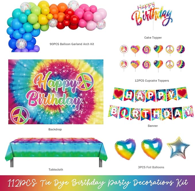 Tie Dye Birthday Party Decorations – 112PCs Rainbow Tie Dye Themed Party - Image 2