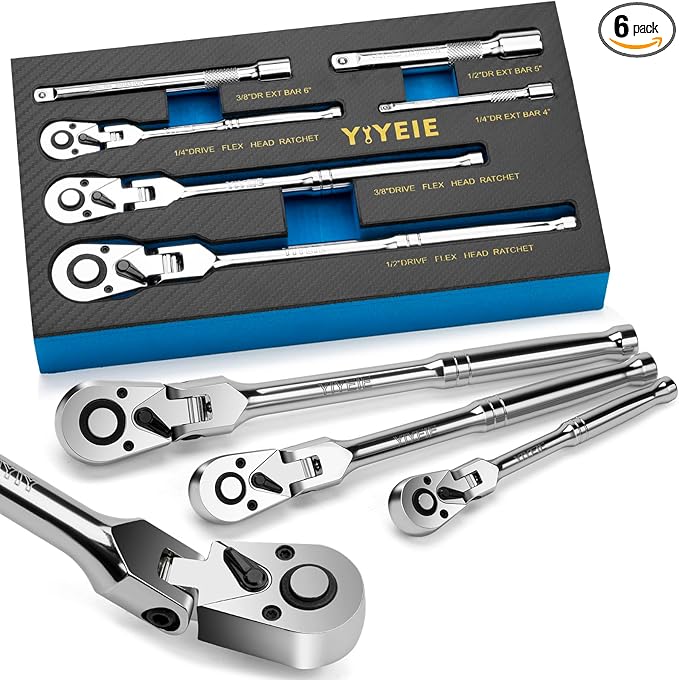 6-Piece Flex Head Ratchet Set, 1/4", 3/8", 1/2" Drive, Swivel Head Ratchet Wrench with Extension Bar, 72 Tooth, 180° Adjustable, Quick-Release, Flexible Ratchet Handle with EVA Foam