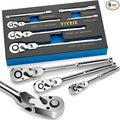 6-Piece Flex Head Ratchet Set, 1/4", 3/8", 1/2" Drive, Swivel Head Ratchet Wrench with Extension Bar, 72 Tooth, 180° Adjustable, Quick-Release, Flexible Ratchet Handle with EVA Foam