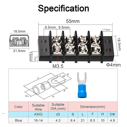 MILAPEAK Terminal Block - 2 Pack 4 Positions 200v-450v 20-30A Dual Row Screw Terminals Strip + 16 PCS Copper Wire Fork Connectors