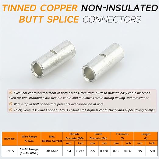 SVAAR 100PCS 12-10 Gauge Non Insulated Butt Connectors 12-10 AWG Uninsulated Butt Splice Connectors Crimp Repair Butt Splices Kit Tinned Copper Marine Grade Seamless Barrel Crimp Butt Splice Terminals