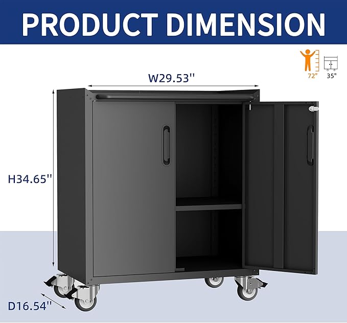 Metal Garage Storage Cabinet with Wheels,Locking Rolling Tool Cabinet with Drawers and Shelves for Home, Office, Garage & Workshop