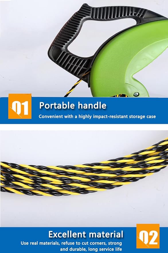Fish tape wire puller 1/6-Inch x 165-Foot electrical fish tape 165ft PET Diameter 3 Wires Twisted with Guide Spring Optimized Housing and Handle fish tape 【4.5mm*50m】