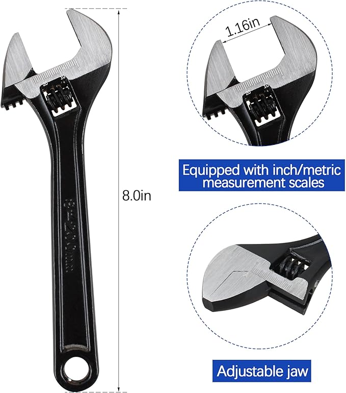8" Adjustable Wrench Fits for Automotive Plumbing and Home Improvement
