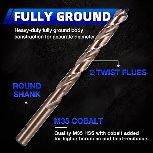 5/16 Inch Cobalt Drill Bit Set (10Pcs), M35 Fully Grounded 5% Cobalt Bits for Hardened Metals, Stainless Steel, Cast Iron and Wooden Plastics, with Storage Box