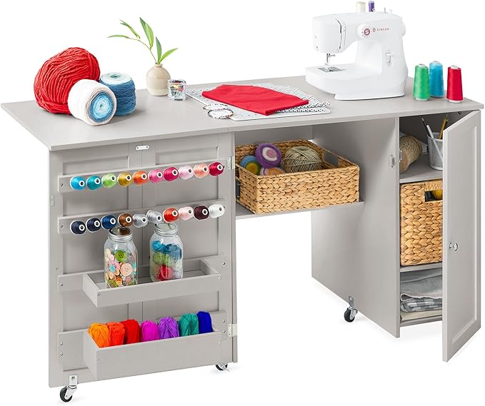 Best Choice Products Large Folding Sewing Table, Caster Wheels, Storage Shelves by Unknown
