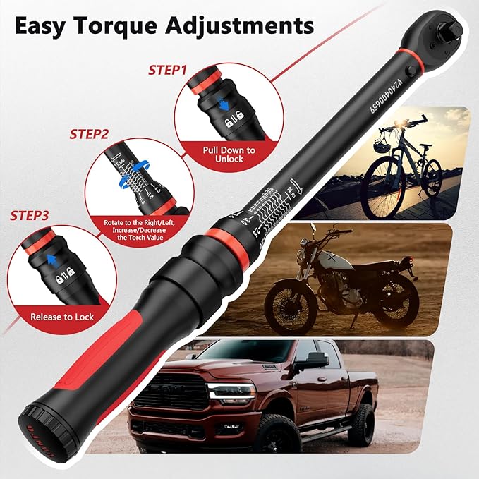 Torque Wrench 3/8-Inch Drive, 10-100 Ft-Lb/13.6-135.5Nm Click Adjustment Torque Wrench with 3/8" to 1/2" Adapter, 125mm Extension Bar Motorcycle, Car & Small Machinery Maintenance