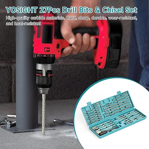 27Pcs SDS-Plus Drill Bits & Chisel Set - Rotary Hammer Carbide Tipped Double-Threaded Drill Bits & Chisels & SDS-Max to SDS Plus Adapter, with Storage Box, for Masonry Construction Materials