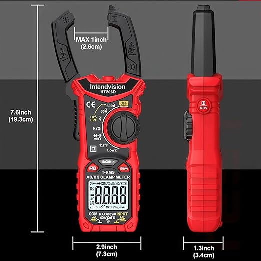 Intendvision Digital Clamp Meter T-RMS 6000 Counts, Amp Clamp Voltage Tester Auto-ranging, NCV AC DC Current Voltage Resistance Capacitance Frequency Diode Temperature Measure Tester HT206D