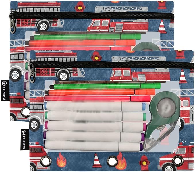 Fire Trucks Pencil Pouch for 3 Ring Binder, 2 Pack Waterproof Pencil Bags Clear - Image 2