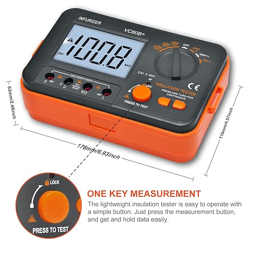 Digital Insulation Resistance Tester, Megohmmeter Ohm Meter YF-VC60B+, Voltage Tester 250/500/1000V, Megohm Meter with Backlight LCD Display, Data Hold