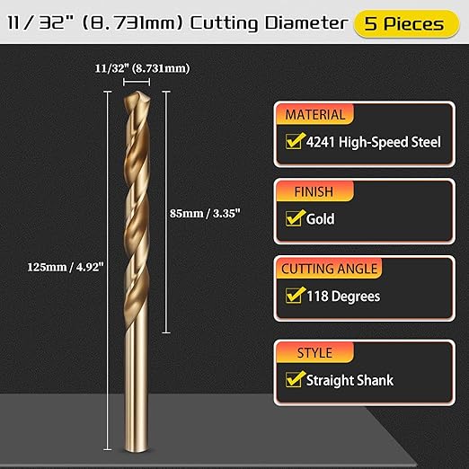 Drill Bit, 11/32" Cutting Diameter (8.731mm), 4241 HSS Gold 118° Cutting Angle Versatile Jobber Bits - (Applications: for Drilling Plastic Wood Soft Thin Metal), 5-Pieces
