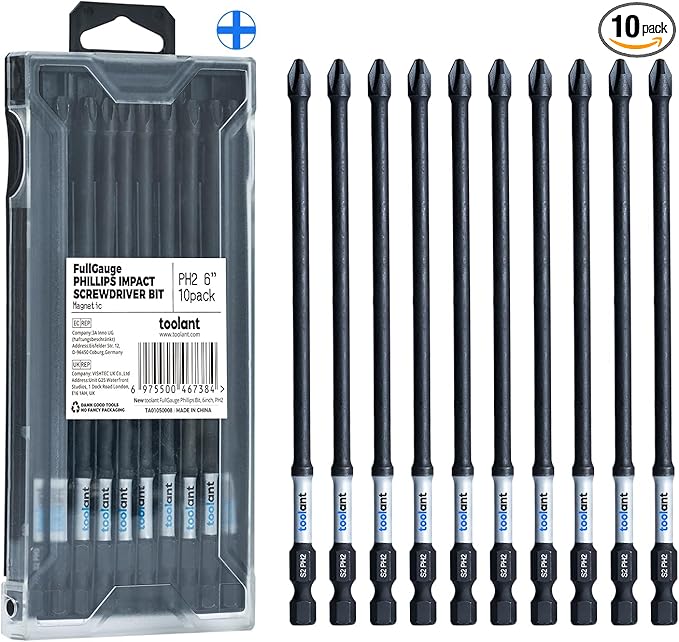 toolant 6 Inch Long Phillips Bit#2 Magnetic Anti Slip Impact Screwdriver Bits Set,10pcs Insert S2 Steel PH2 Driver Dit Set with CNC Machined Tips for Power Drill