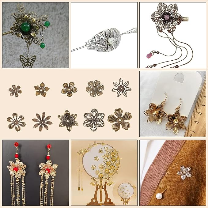PandaHall 200pcs Flower Spacer Beads, 10 Styles Iron Flower Bead Cap Filigree - Image 6