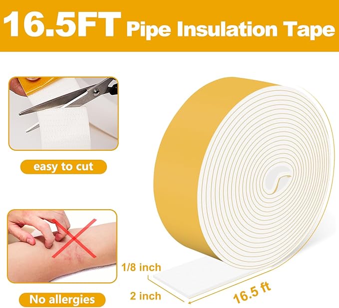 Pipe Insulation Tape, Pipe Wrap Insulation Foam Tape Self Adhesive, Outdoor Water Pipe Insulation Roll for HVAC, AC Line Insulation, 2 inch x 16.5 FT Heat Tape for Water Pipe, White