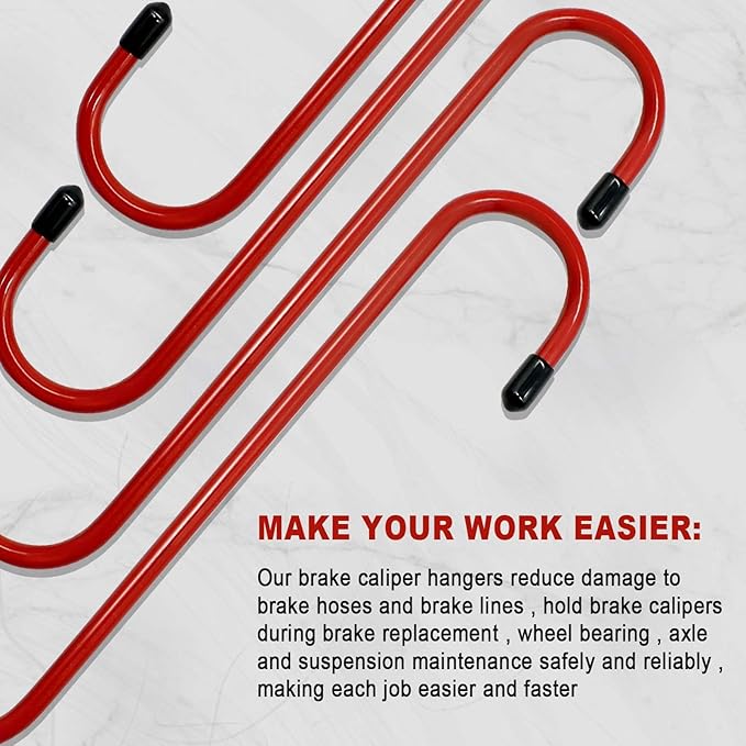 10 pcs Brake Caliper Hanger Hooks - with Rubber Tips for Automotive Work on Brake Axle and Suspesion Systems, Hardness Steel, Red Powder Coated Brake Caliper Hanger Hooks (10PC)