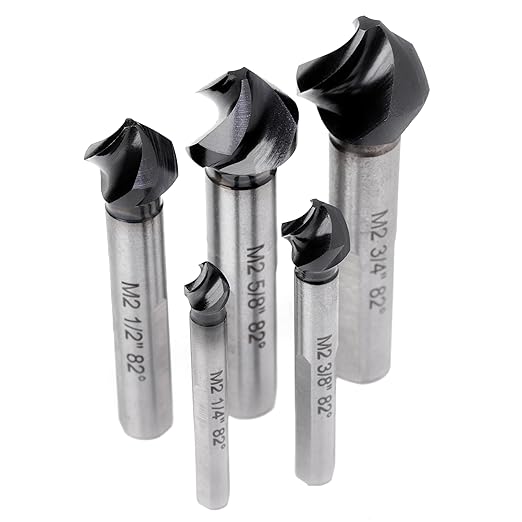 Countersink Drill Bit Set, 5 Pieces M2 High Speed Steel with 82 Degree, 3 Spiral Flutes, Tri-Flat Shank, Cutter Bit Countersink in Size 1/4" 3/8" 1/2" 5/8" 3/4" for Wood, Metal, Plastic...