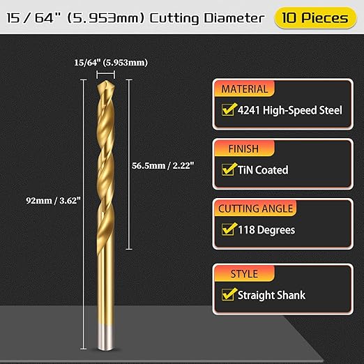 Drill Bit, 15/64" Cutting Diameter (5.953mm), 4241 HSS TiN Coated 118° Cutting Angle Versatile Jobber Bits - (Applications: for Drilling Plastic Wood Soft Thin Metal), 10-Pieces