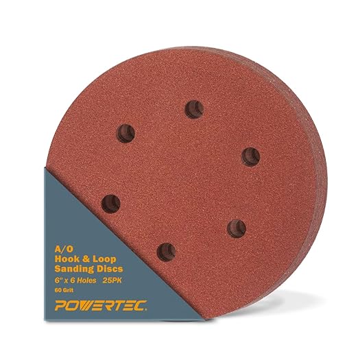 POWERTEC 60 Grit, 25 PK, 6 Inch Sanding Discs – Hook and Loop, 6-Hole Aluminum Oxide Orbital Sander Pads, Woodworking & Paint Round Sandpaper for Random Orbital, Air, Pneumatic & DA Sanders (45206)